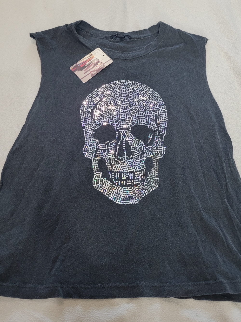 Truly Madly Deeply Gray Muscle Tee with Iridescent Sequin Skull